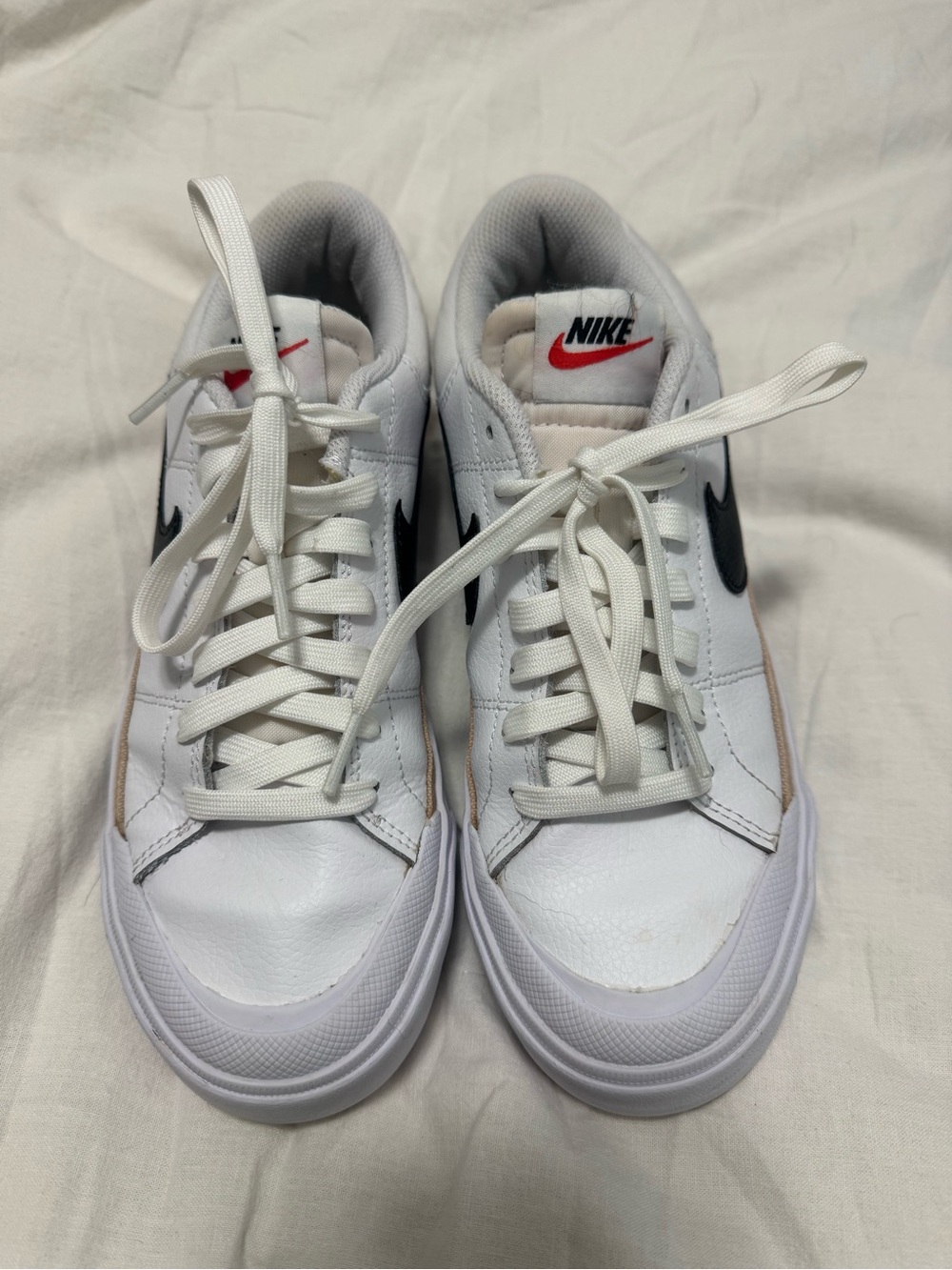 Nike White Leather Platform Sneakers with Black Swoosh and Tan Trim - Picture 3 of 8